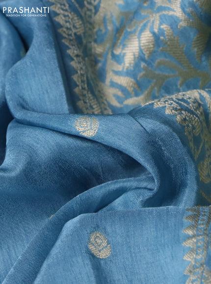 Semi tussar silk saree pastel blue and navy blue with thread & zari woven buttas and floral design buttas & beaded work border