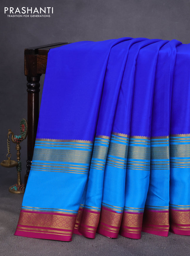 Mysore silk saree royal blue and cs blue magenta pink with plain body and rettapet zari woven border