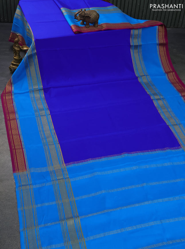Mysore silk saree royal blue and cs blue magenta pink with plain body and rettapet zari woven border