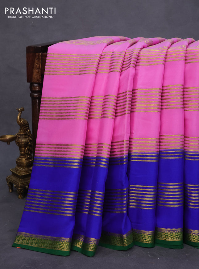 Mysore silk saree light pink and blue green with zari woven stripes pattern and zari woven border