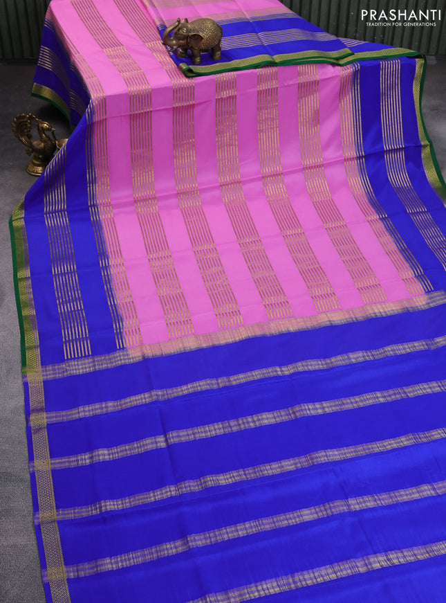 Mysore silk saree light pink and blue green with zari woven stripes pattern and zari woven border