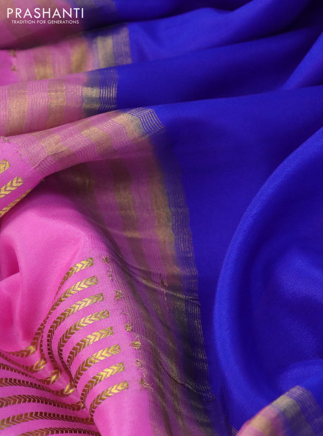 Mysore silk saree light pink and blue green with zari woven stripes pattern and zari woven border