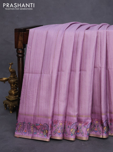 Semi tussar saree lavender shade with allover zari weaves and madhubani printed border