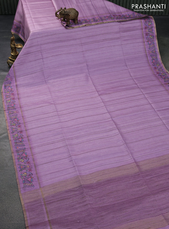 Semi tussar saree lavender shade with allover zari weaves and madhubani printed border