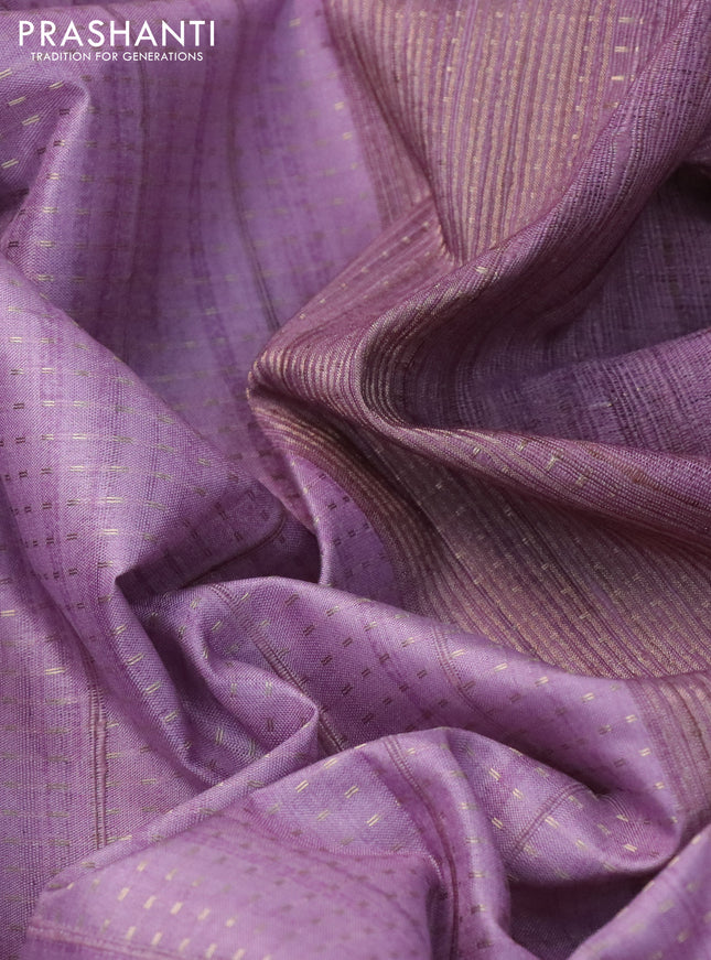 Semi tussar saree lavender shade with allover zari weaves and madhubani printed border