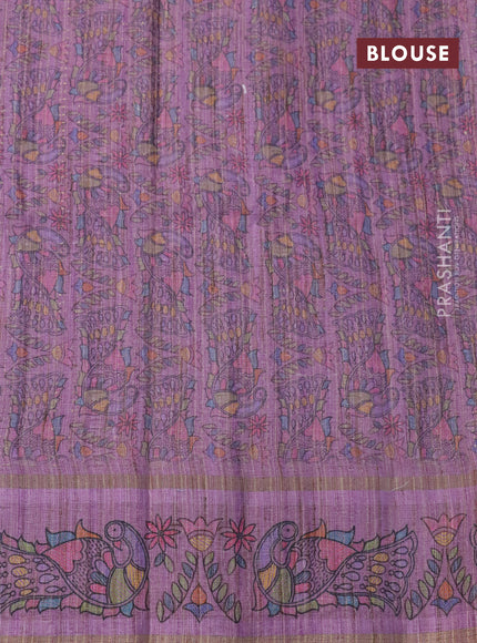 Semi tussar saree lavender shade with allover zari weaves and madhubani printed border