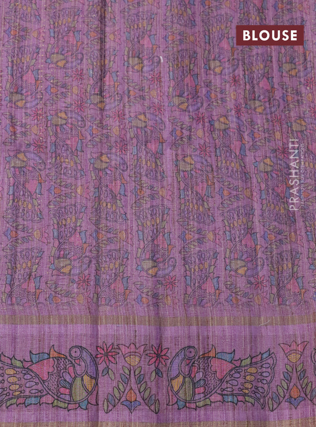 Semi tussar saree lavender shade with allover zari weaves and madhubani printed border
