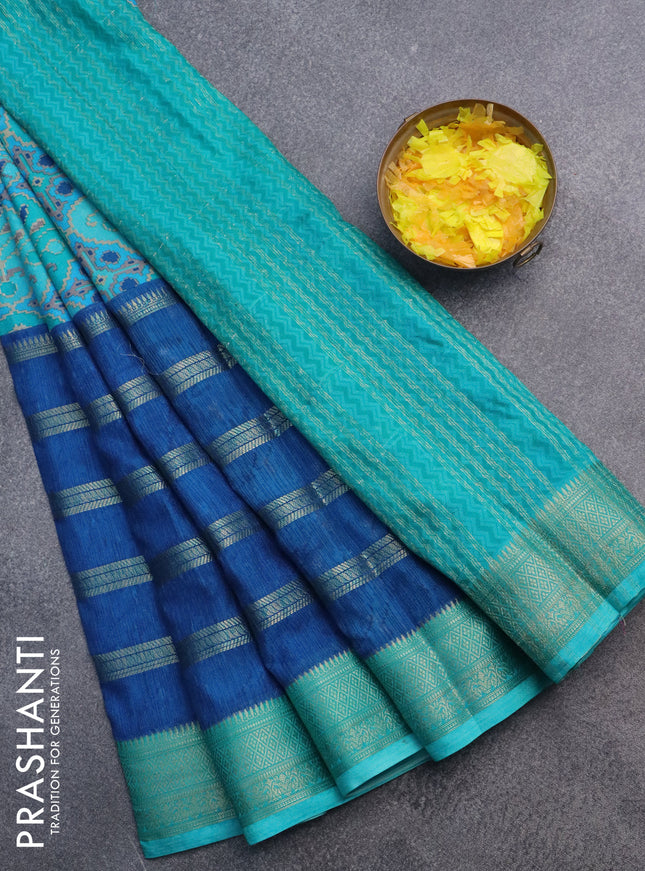 Semi crepe saree peacock blue and teal blue with ikat prints & zari stripes and zari woven border