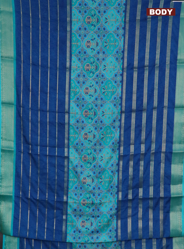 Semi crepe saree peacock blue and teal blue with ikat prints & zari stripes and zari woven border