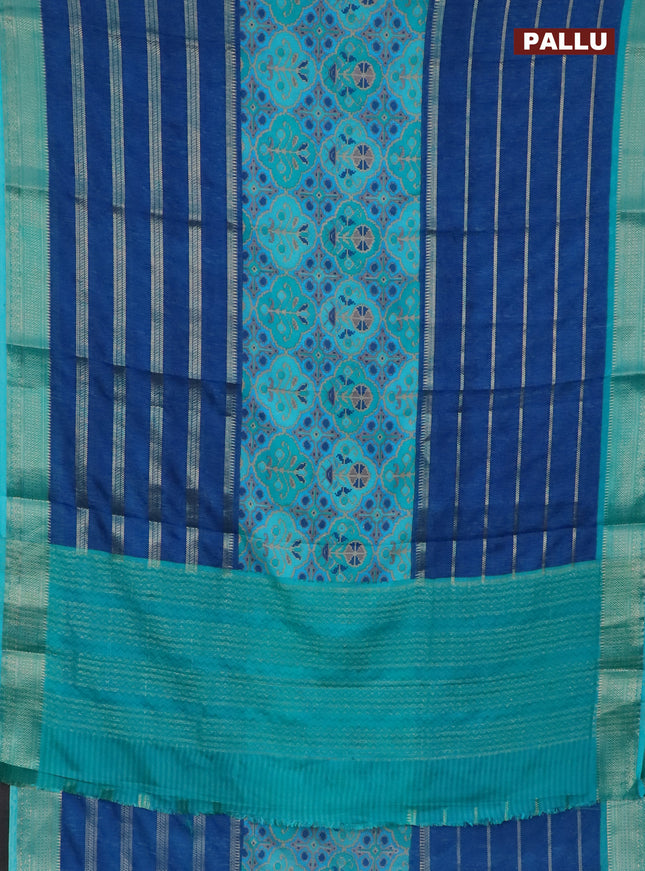 Semi crepe saree peacock blue and teal blue with ikat prints & zari stripes and zari woven border