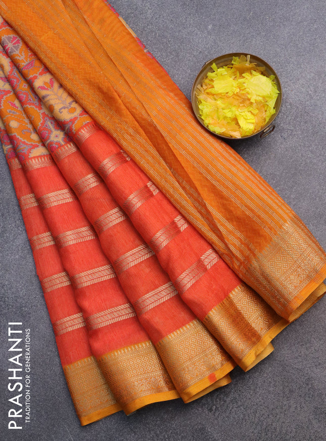 Semi crepe saree orange and mango yellow with ikat prints & zari stripes and zari woven border