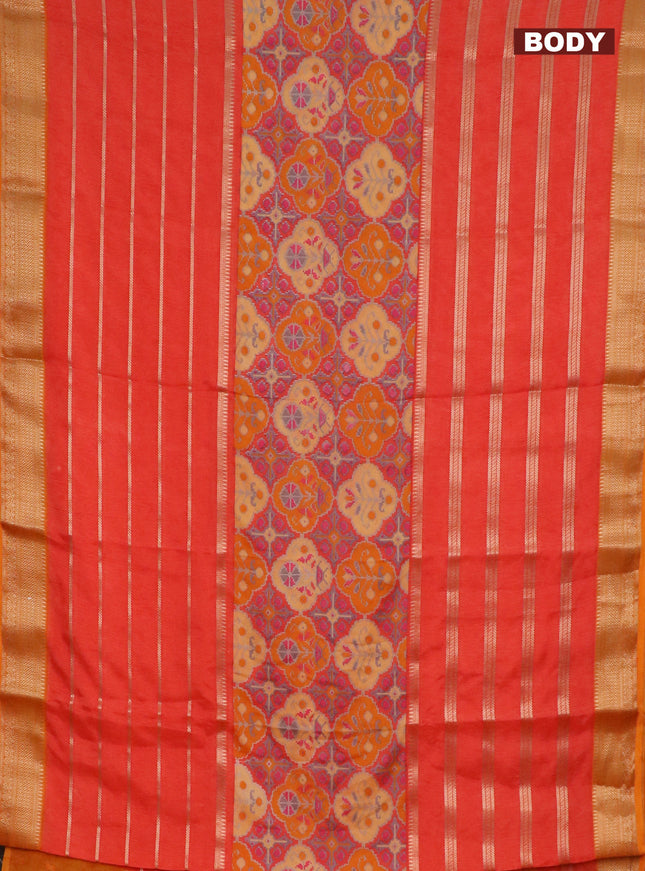 Semi crepe saree orange and mango yellow with ikat prints & zari stripes and zari woven border