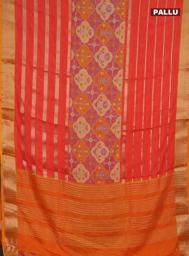 Semi crepe saree orange and mango yellow with ikat prints & zari stripes and zari woven border