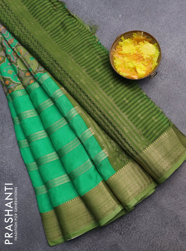 Semi crepe saree green and mehendi green with ikat prints & zari stripes and zari woven border