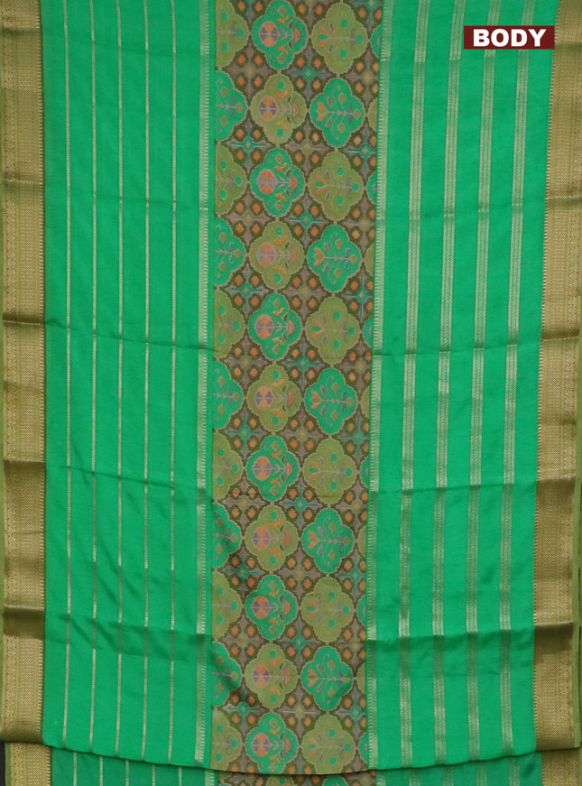 Semi crepe saree green and mehendi green with ikat prints & zari stripes and zari woven border