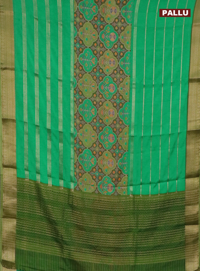 Semi crepe saree green and mehendi green with ikat prints & zari stripes and zari woven border