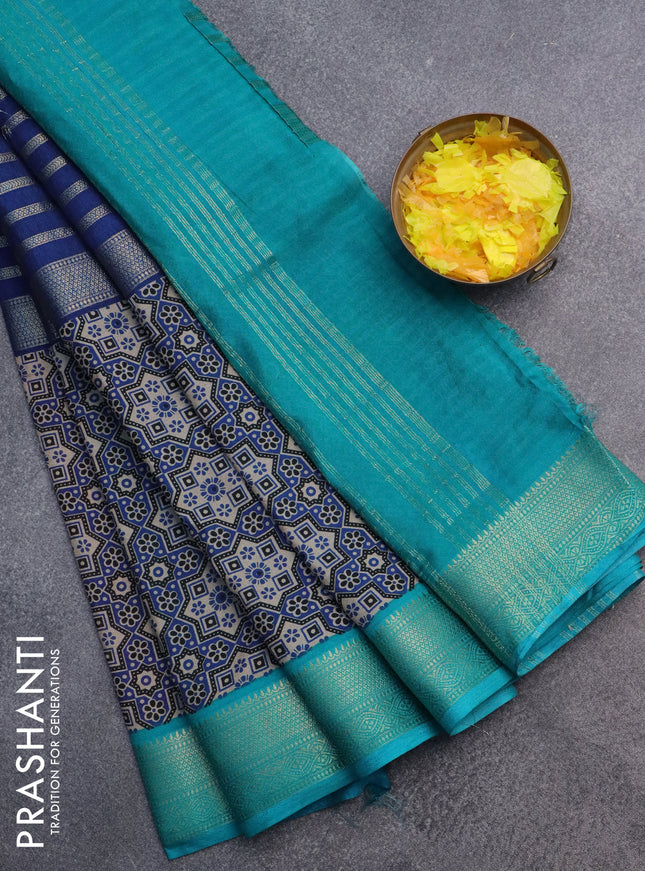Semi crepe saree blue and teal blue shade with zari stripes & ajrakh prints and zari woven border