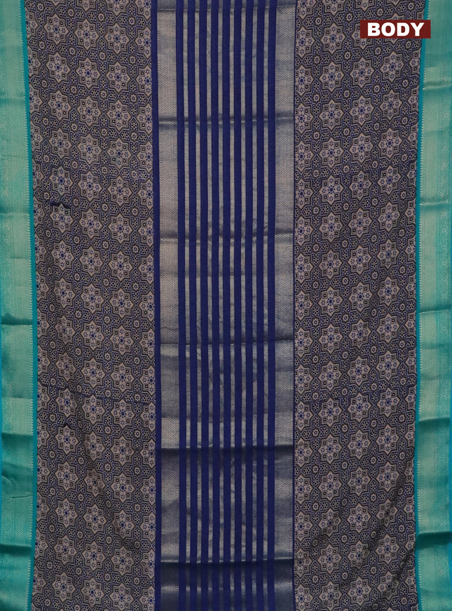 Semi crepe saree blue and teal blue shade with zari stripes & ajrakh prints and zari woven border