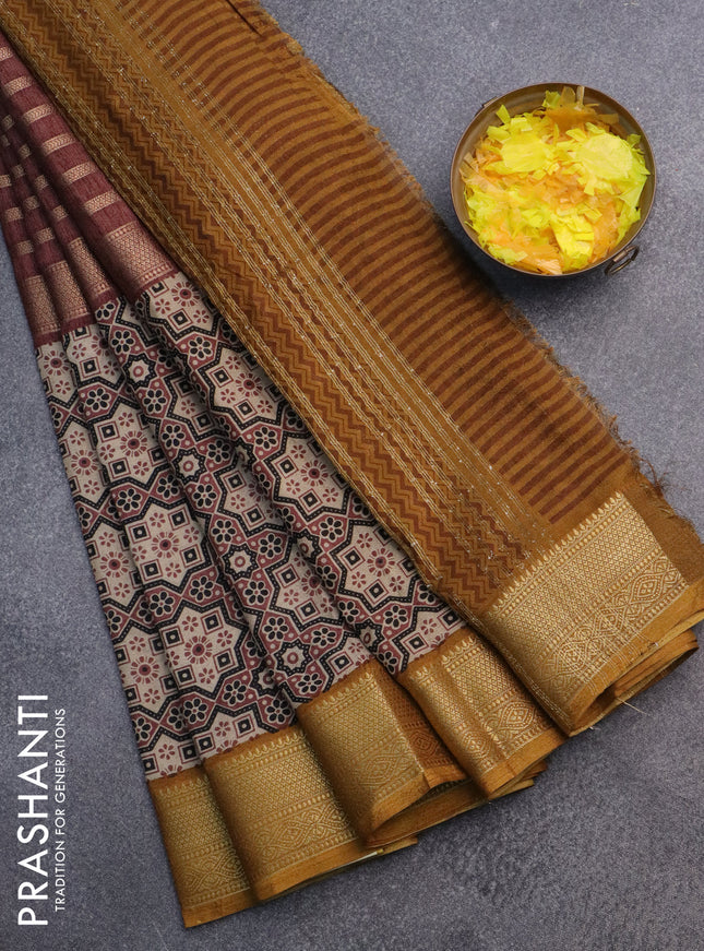 Semi crepe saree pastel brown and dark mustard with zari stripes & ajrakh prints and zari woven border
