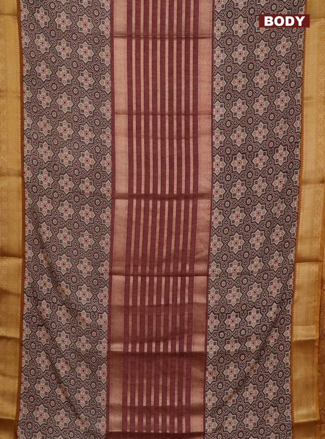 Semi crepe saree pastel brown and dark mustard with zari stripes & ajrakh prints and zari woven border