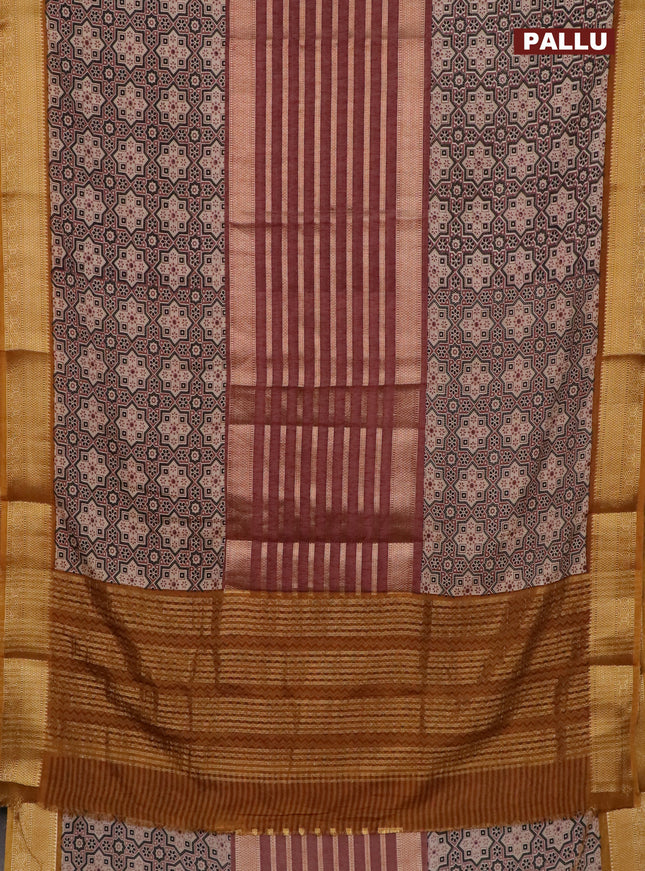 Semi crepe saree pastel brown and dark mustard with zari stripes & ajrakh prints and zari woven border