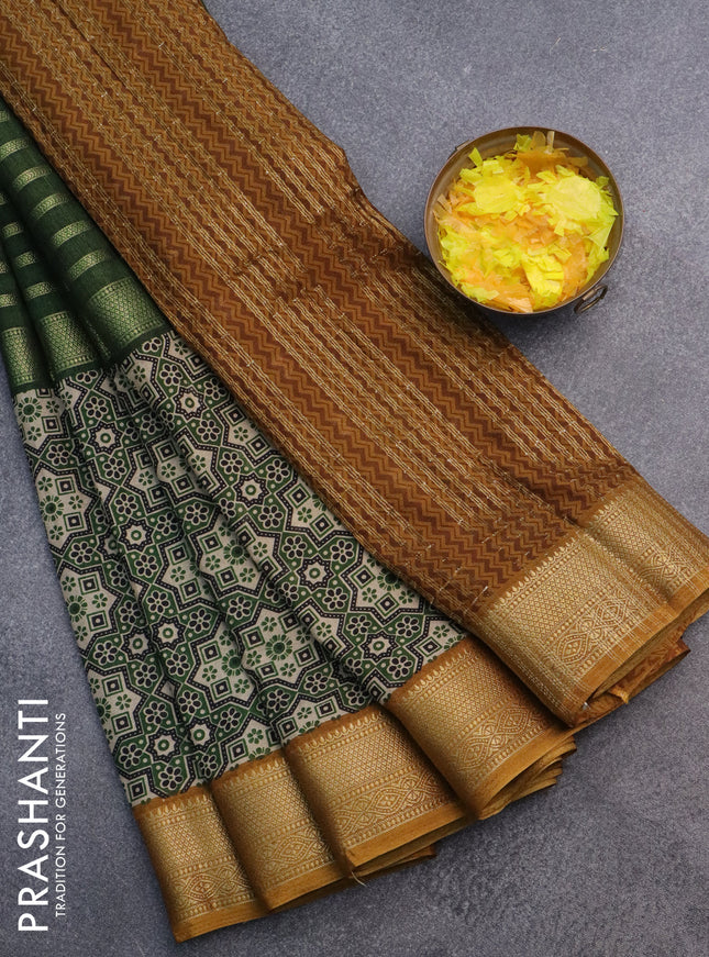Semi crepe saree sap green and dark mustard with zari stripes & ajrakh prints and zari woven border