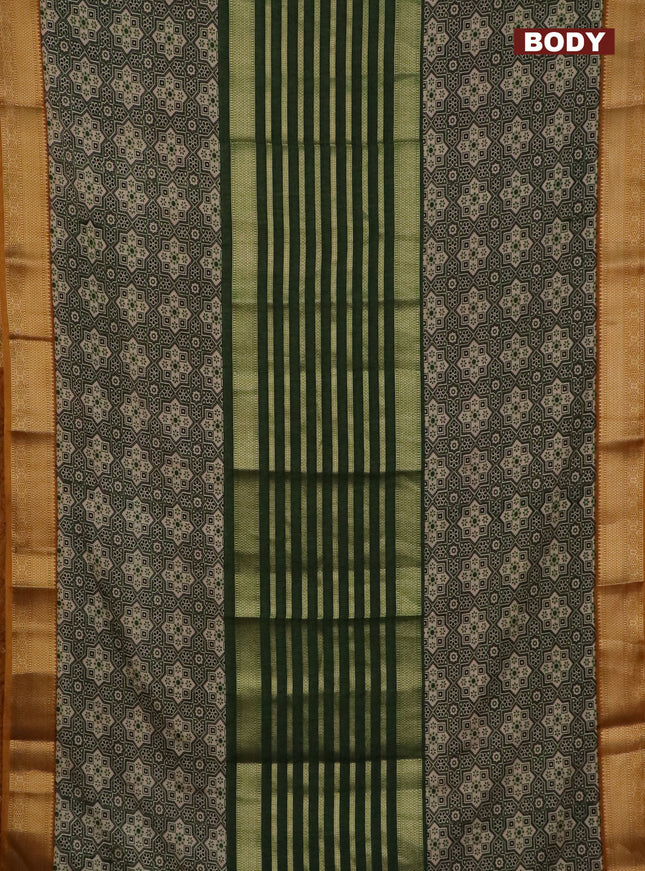 Semi crepe saree sap green and dark mustard with zari stripes & ajrakh prints and zari woven border