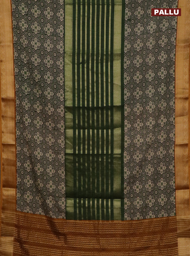 Semi crepe saree sap green and dark mustard with zari stripes & ajrakh prints and zari woven border