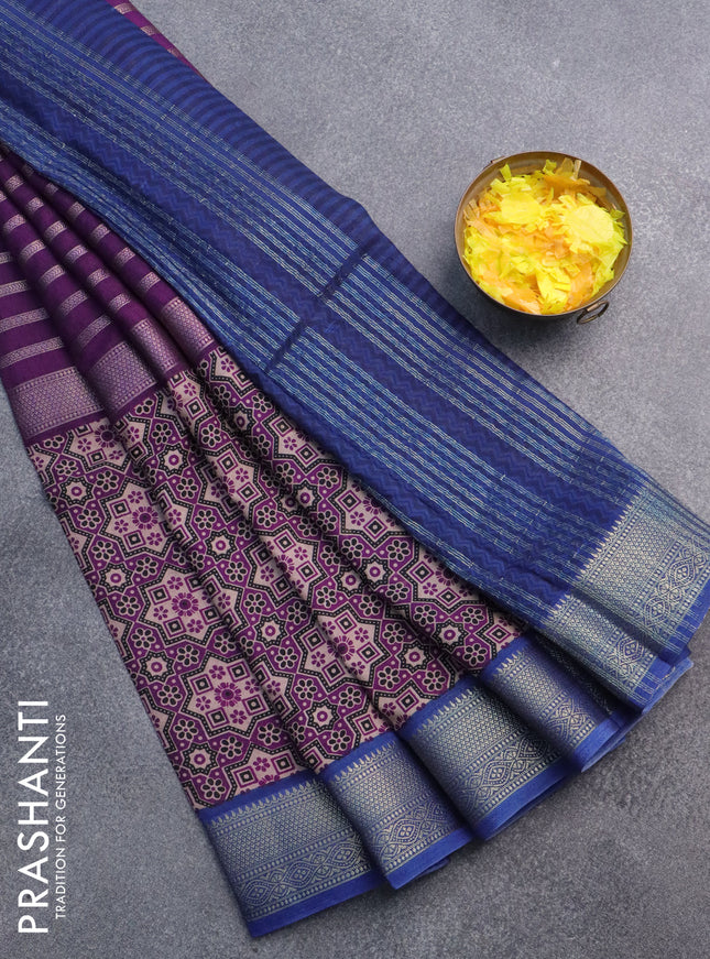 Semi crepe saree purple and blue with zari stripes & ajrakh prints and zari woven border