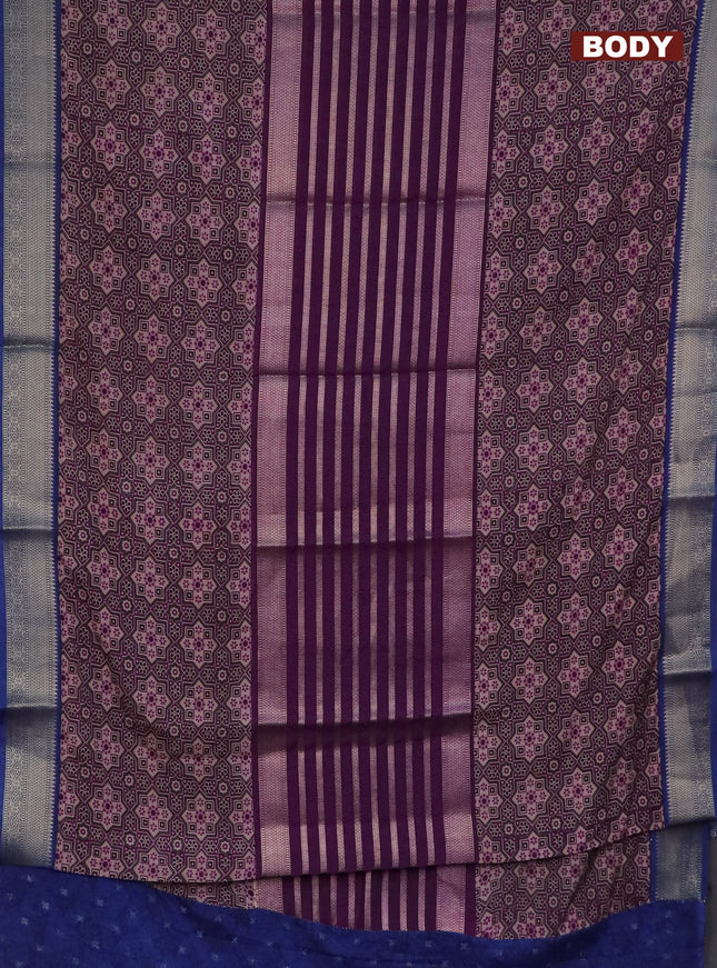 Semi crepe saree purple and blue with zari stripes & ajrakh prints and zari woven border