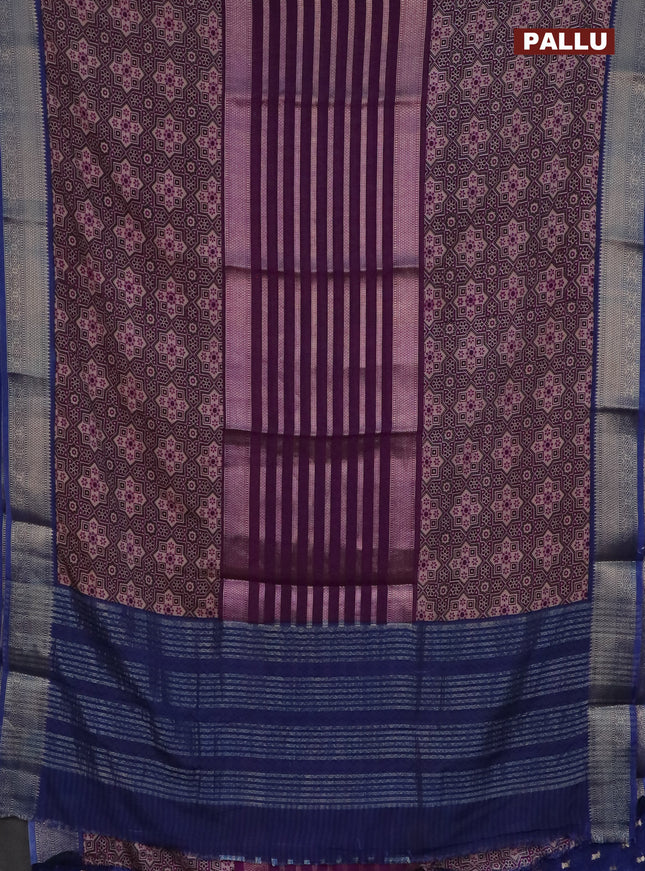 Semi crepe saree purple and blue with zari stripes & ajrakh prints and zari woven border