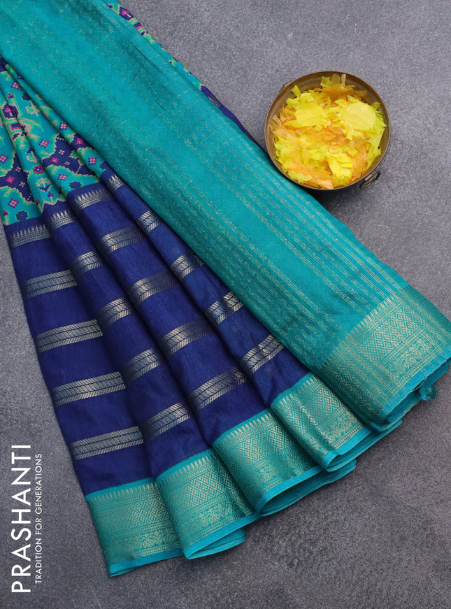 Semi crepe saree blue and teal green shade with ikat prints & zari stripes and zari woven border