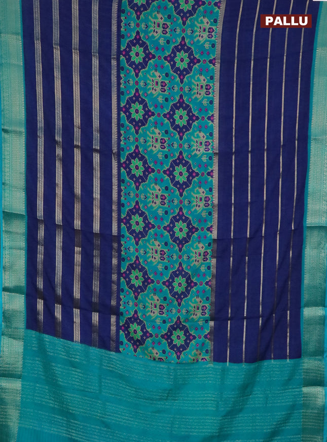 Semi crepe saree blue and teal green shade with ikat prints & zari stripes and zari woven border