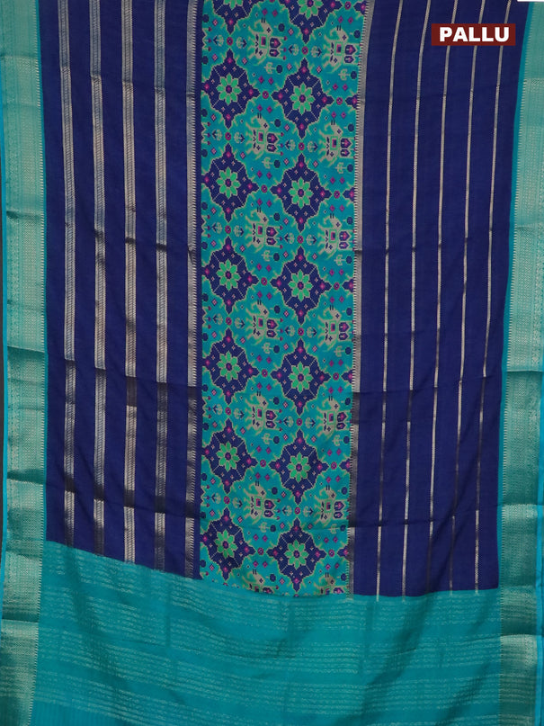Semi crepe saree blue and teal green shade with ikat prints & zari stripes and zari woven border