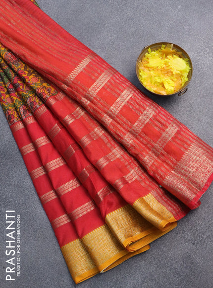 Semi crepe saree red and mango yellow with kalamkari prints & zari stripes and zari woven border