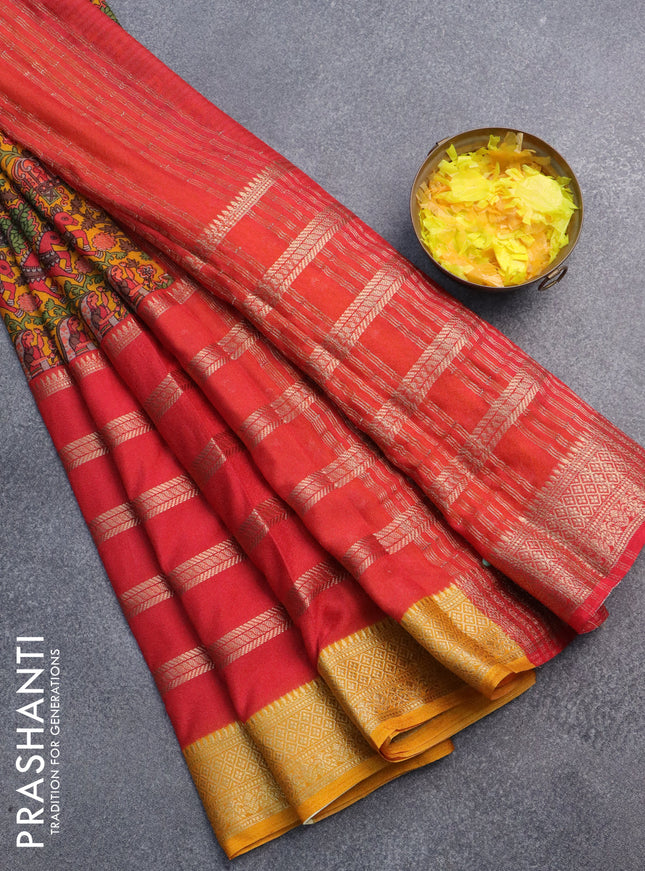 Semi crepe saree red and mango yellow with kalamkari prints & zari stripes and zari woven border
