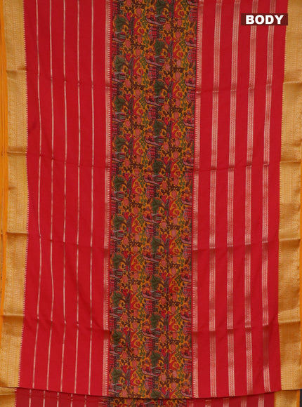 Semi crepe saree red and mango yellow with kalamkari prints & zari stripes and zari woven border