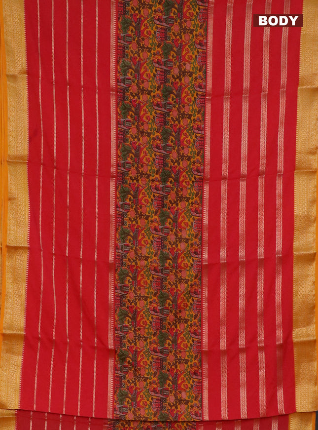 Semi crepe saree red and mango yellow with kalamkari prints & zari stripes and zari woven border