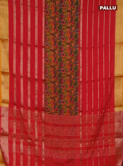 Semi crepe saree red and mango yellow with kalamkari prints & zari stripes and zari woven border
