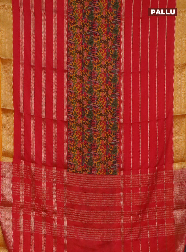 Semi crepe saree red and mango yellow with kalamkari prints & zari stripes and zari woven border