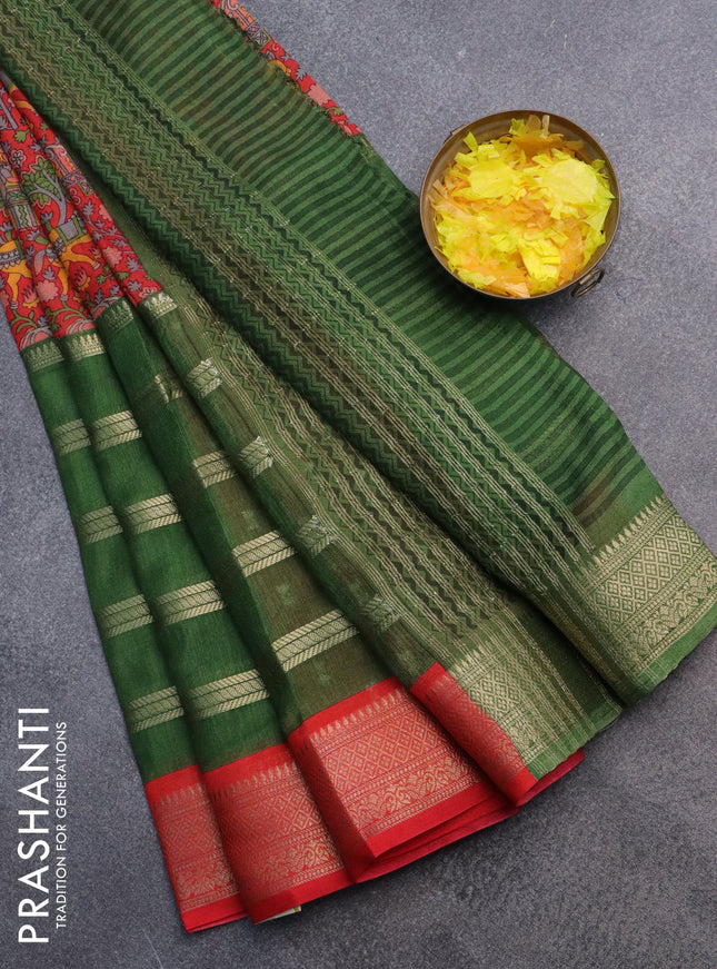 Semi crepe saree green and red with kalamkari prints & zari stripes and zari woven border