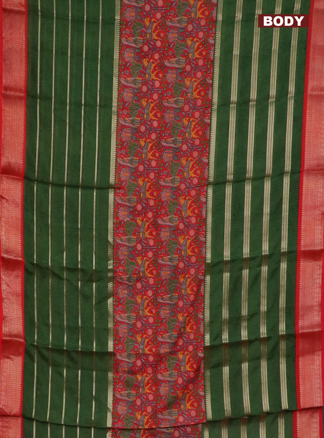Semi crepe saree green and red with kalamkari prints & zari stripes and zari woven border