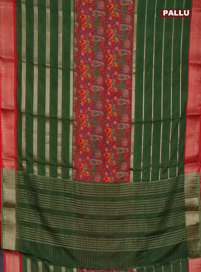 Semi crepe saree green and red with kalamkari prints & zari stripes and zari woven border