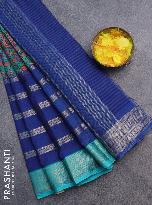 Semi crepe saree blue and teal blue with kalamkari prints & zari stripes and zari woven border