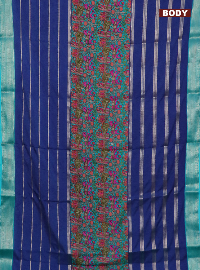 Semi crepe saree blue and teal blue with kalamkari prints & zari stripes and zari woven border