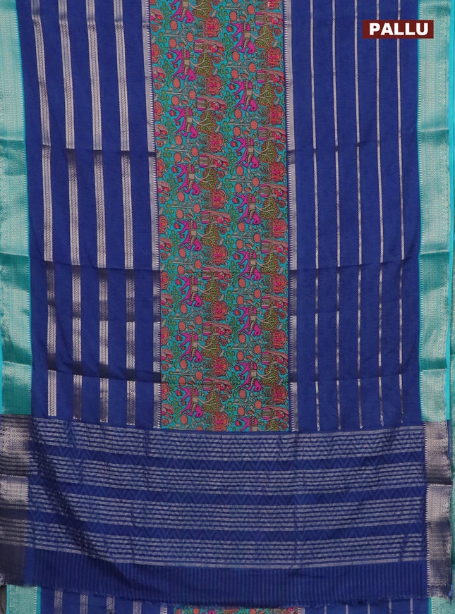 Semi crepe saree blue and teal blue with kalamkari prints & zari stripes and zari woven border