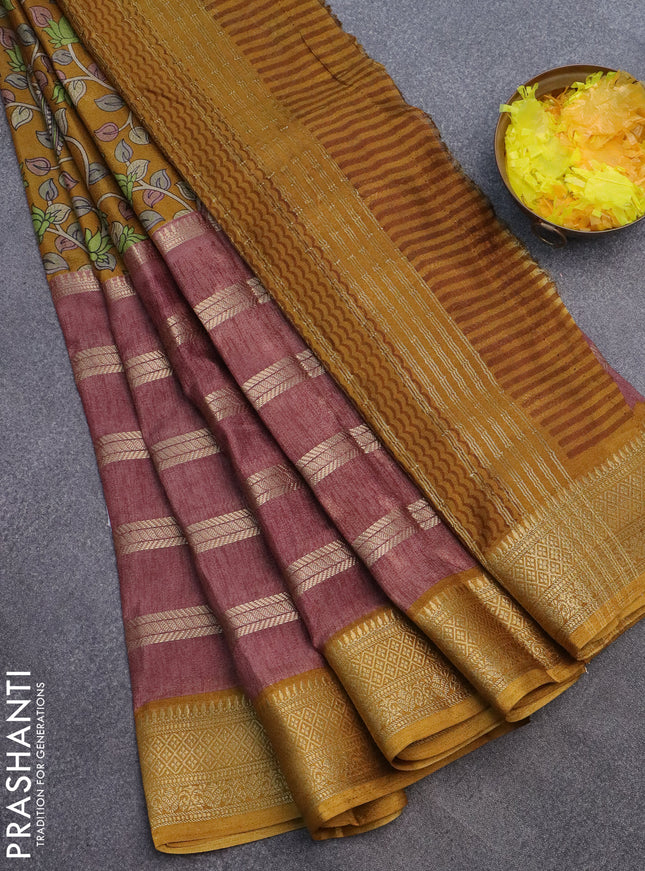 Semi crepe saree rosy brown and dark mustard with kalamkari prints & zari stripes and zari woven border