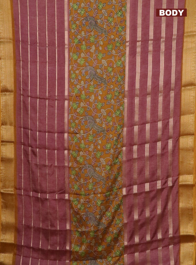 Semi crepe saree rosy brown and dark mustard with kalamkari prints & zari stripes and zari woven border