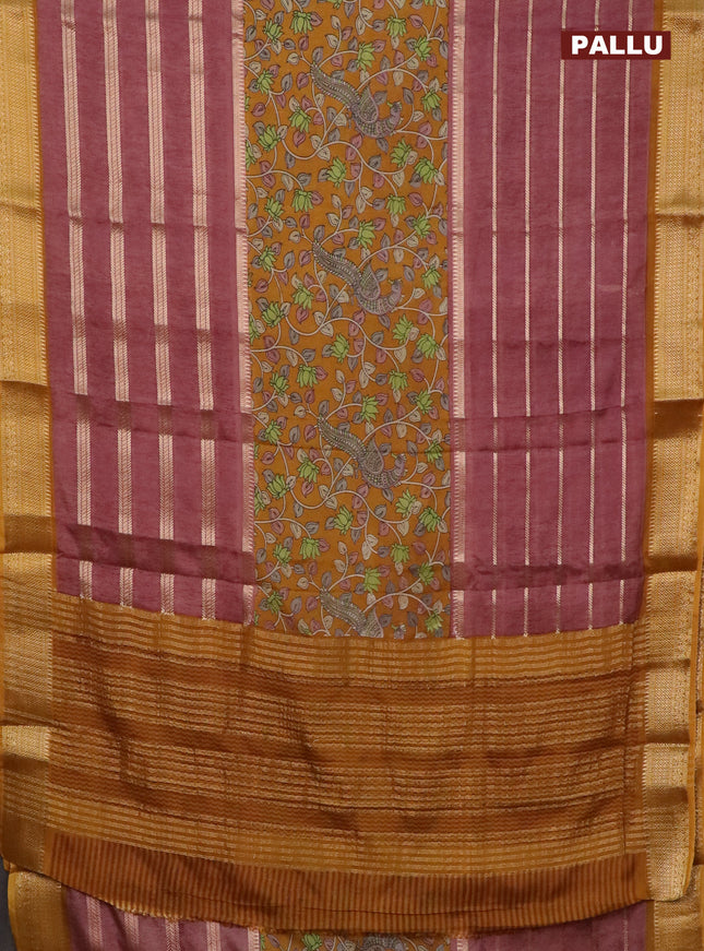 Semi crepe saree rosy brown and dark mustard with kalamkari prints & zari stripes and zari woven border