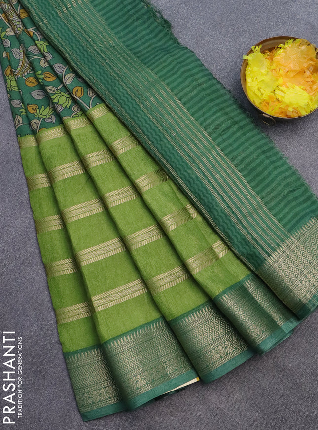 Semi crepe saree green and dark green shade with kalamkari prints & zari stripes and zari woven border